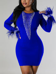 Sexy Feather Cuff Rhinestone Decor Bodycon Mini Dress