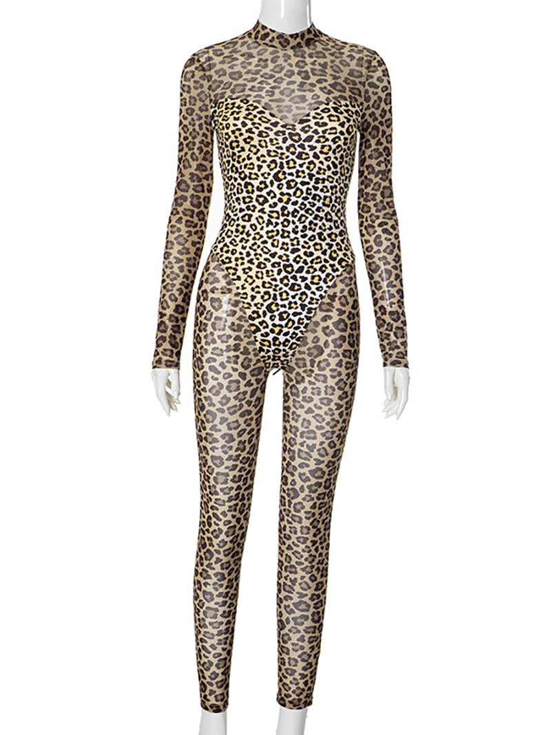 Sexy Leopard Print See-Through Tight Jumpsuit