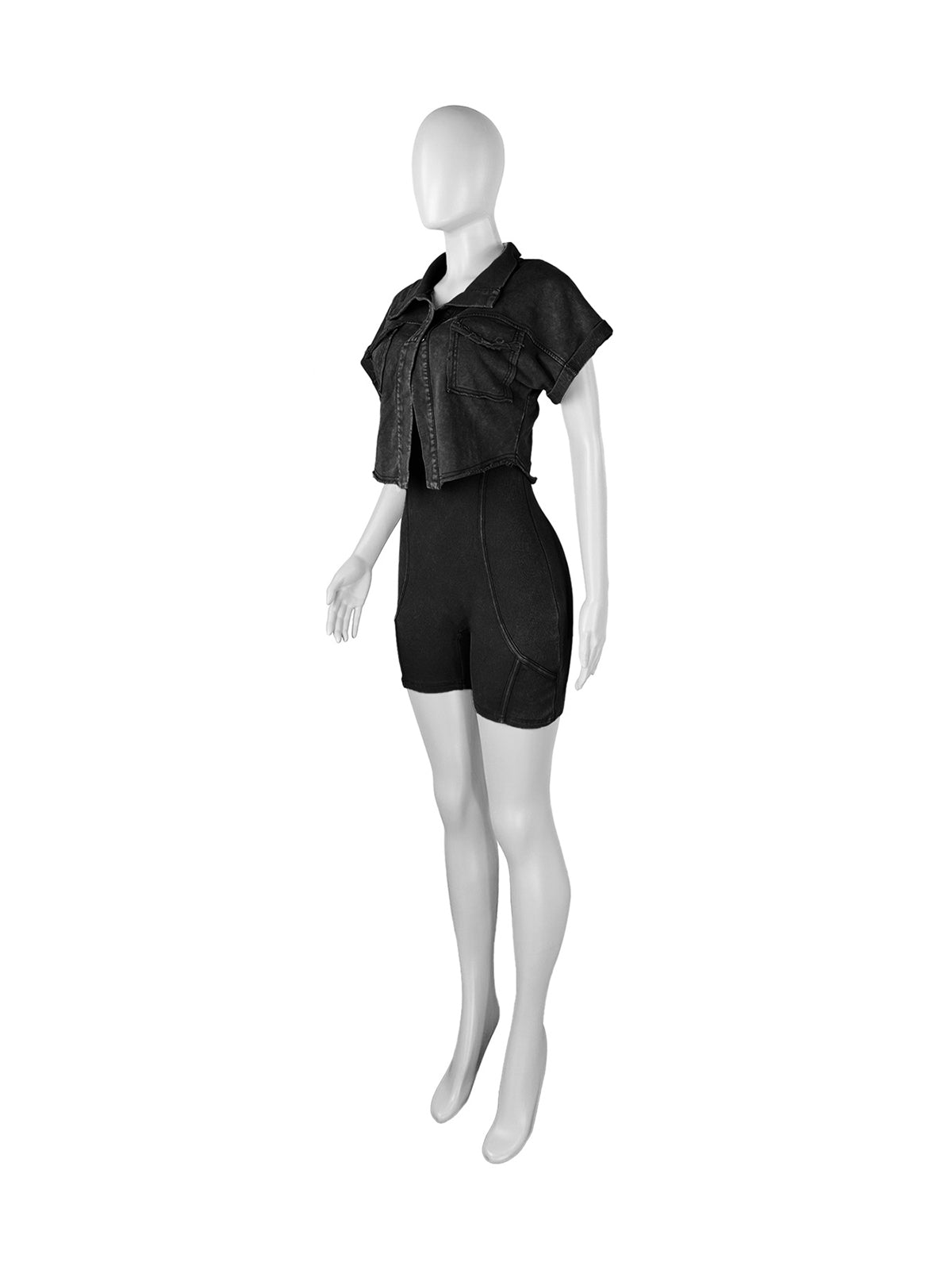 Casual Washed Cropped Jacket Ribbed Romper Set