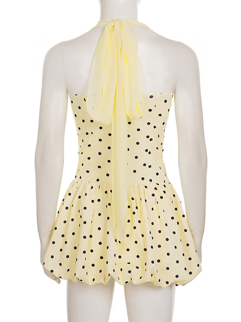 Sexy Halter Polka Dot Ribbon Bubble Mini Dress