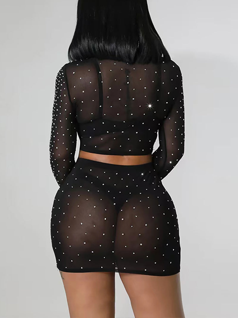 Sexy See-Through Long Sleeve Beaded Top Mini Skirt Set