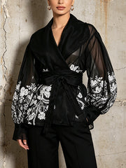 Elegant Mesh Sheer Print Lace-up Blouse