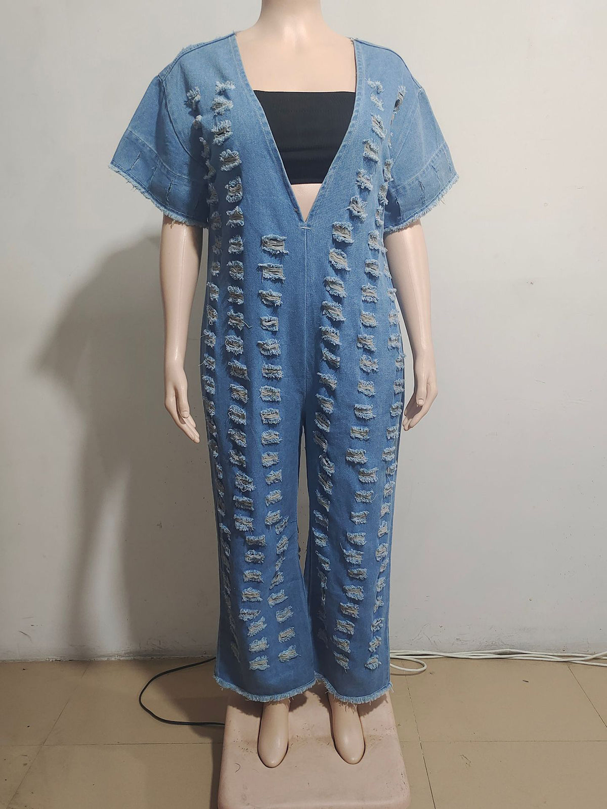 Sexy Deep V Loose Ripped Denim Jumpsuit