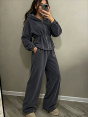Ruched Waist Velvet Zip Hoodie and Pants Set