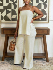 Casual Suspender Slit Top And Straight Pants Set