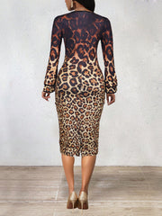O Neck Leopard Print Long Sleeve Slim Midi Dress