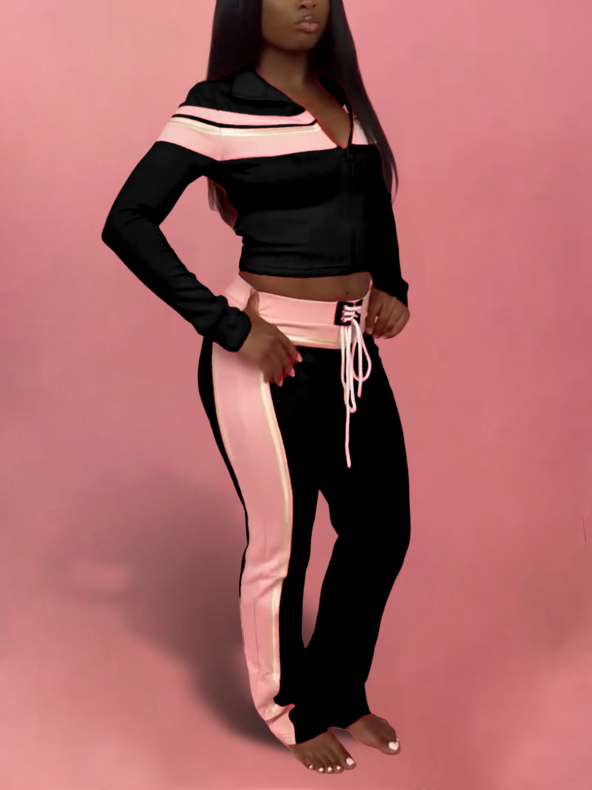 Casual  Stripe Tube Top Jacket Jogging Pants Sports Set