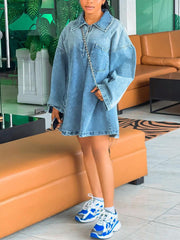 Zipper Splice Large Lapel Neck Casual Loose Dress