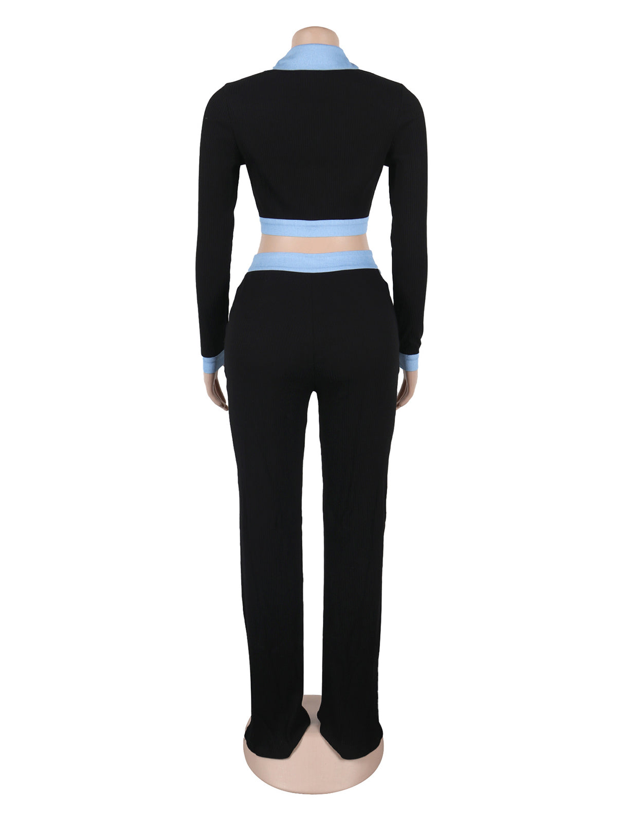 Casual Patchwork Lapel Knit Crop Tops And Pants Sets