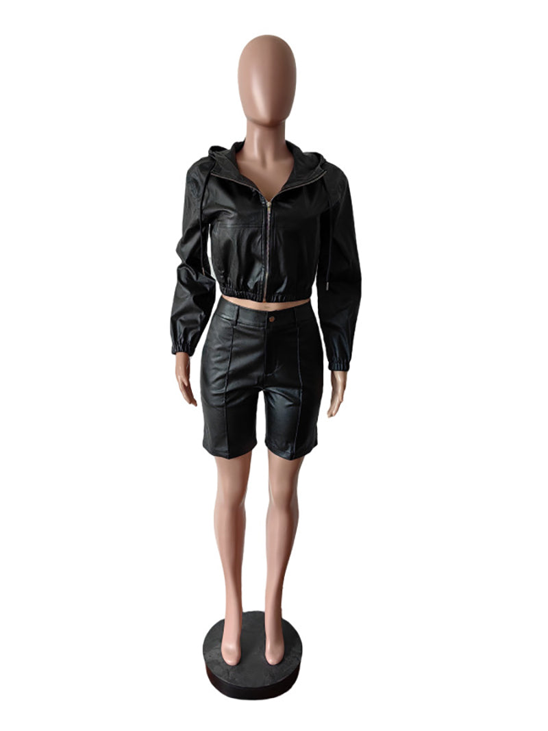 Casual Faux-Leather Hoodie And Shorts Two Piece Set