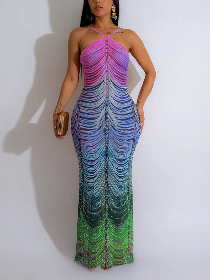 Gradient Color Print Rhinestones Sleeveless Maxi Dress