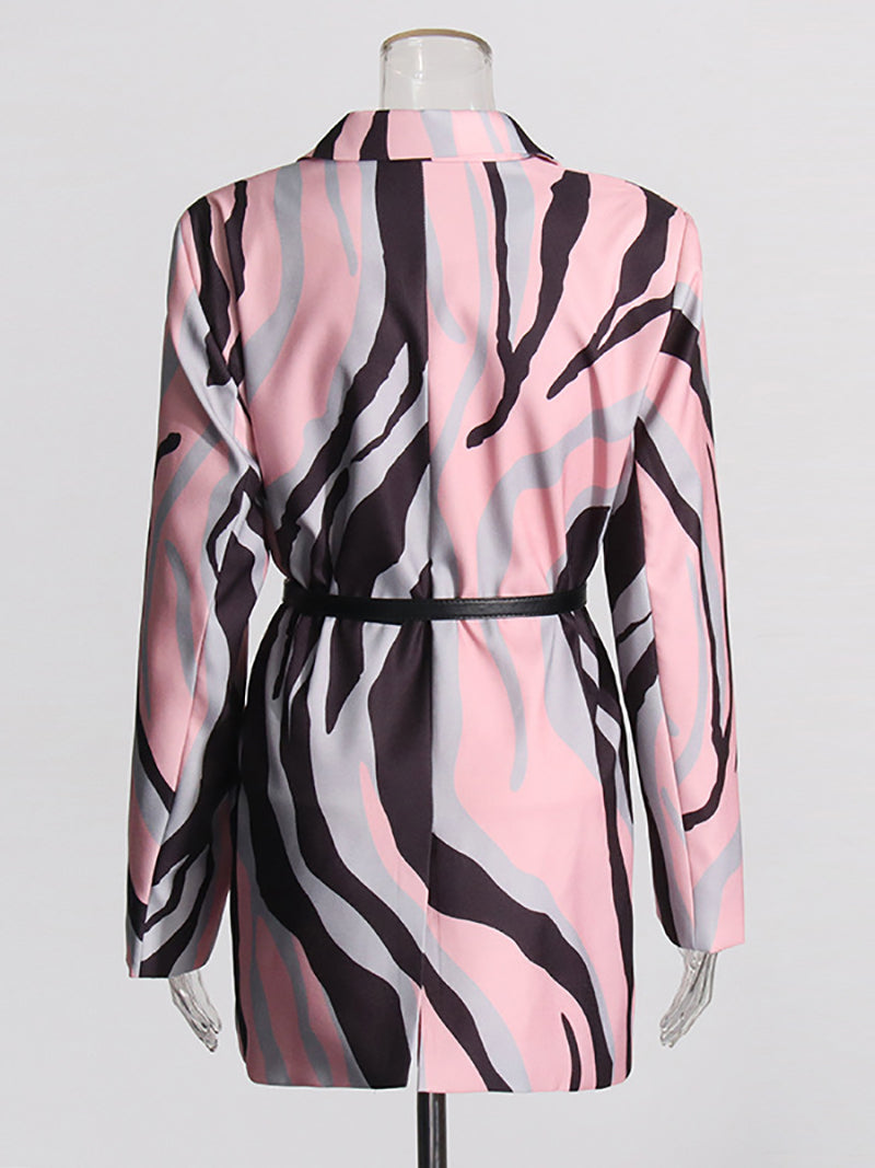 Fashion Pink Abstract Prints Belted Blazer