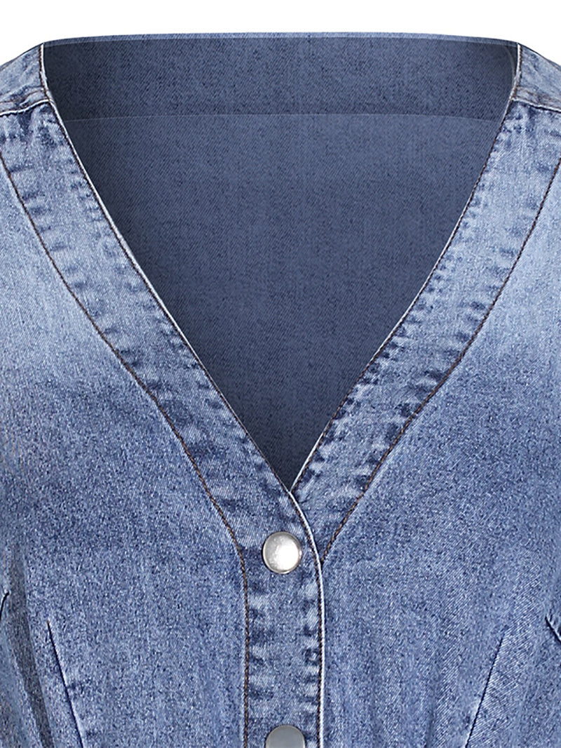 Casual V-Neck Balloon Sleeve Denim Blouse