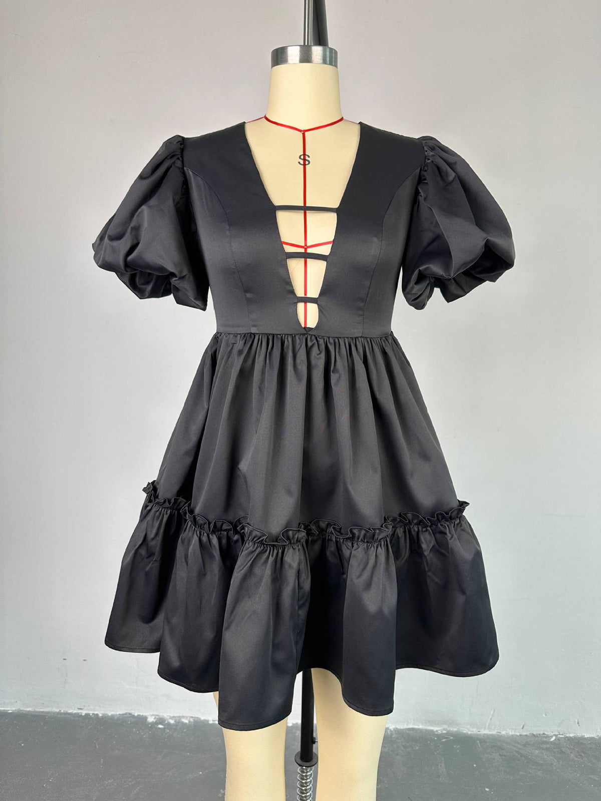 Solid Color Hollow Out Ruched Patchwork A-Line Dress