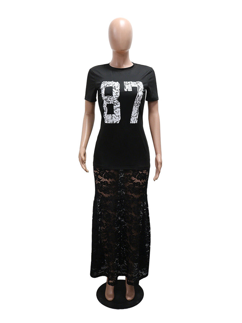 Sexy Letter Print Lace Patchwork Hem Maxi Dress