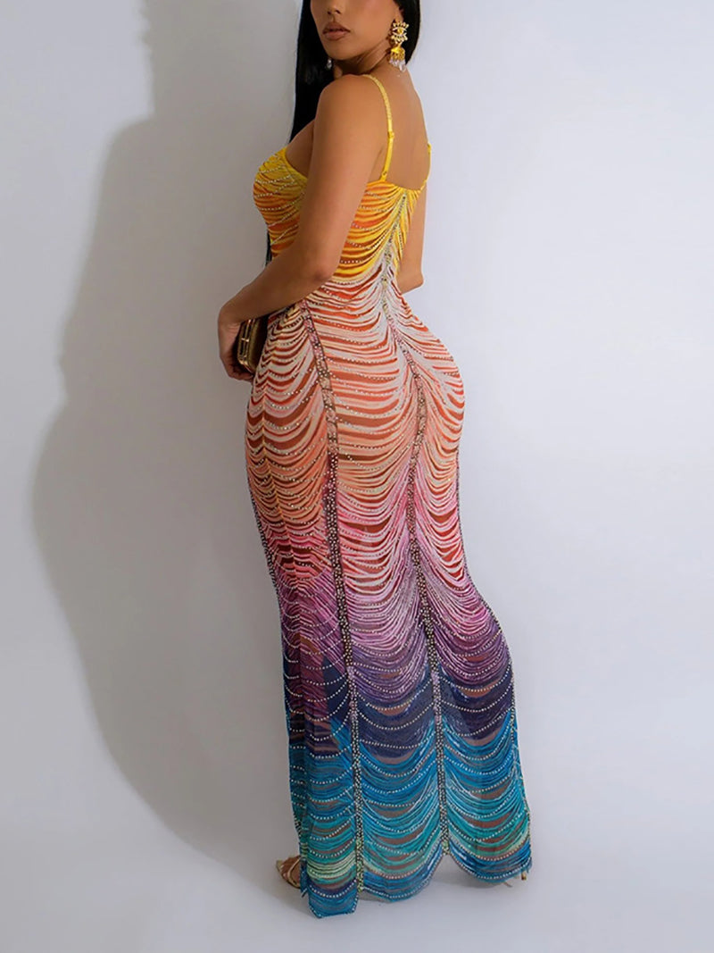 Gradient Color Print Rhinestones Sleeveless Maxi Dress