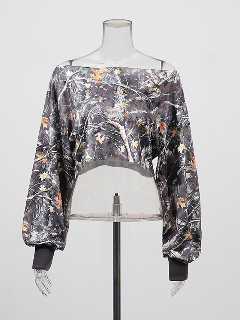 Retro Camo Print Asymmetric Collar Crop T Shirts