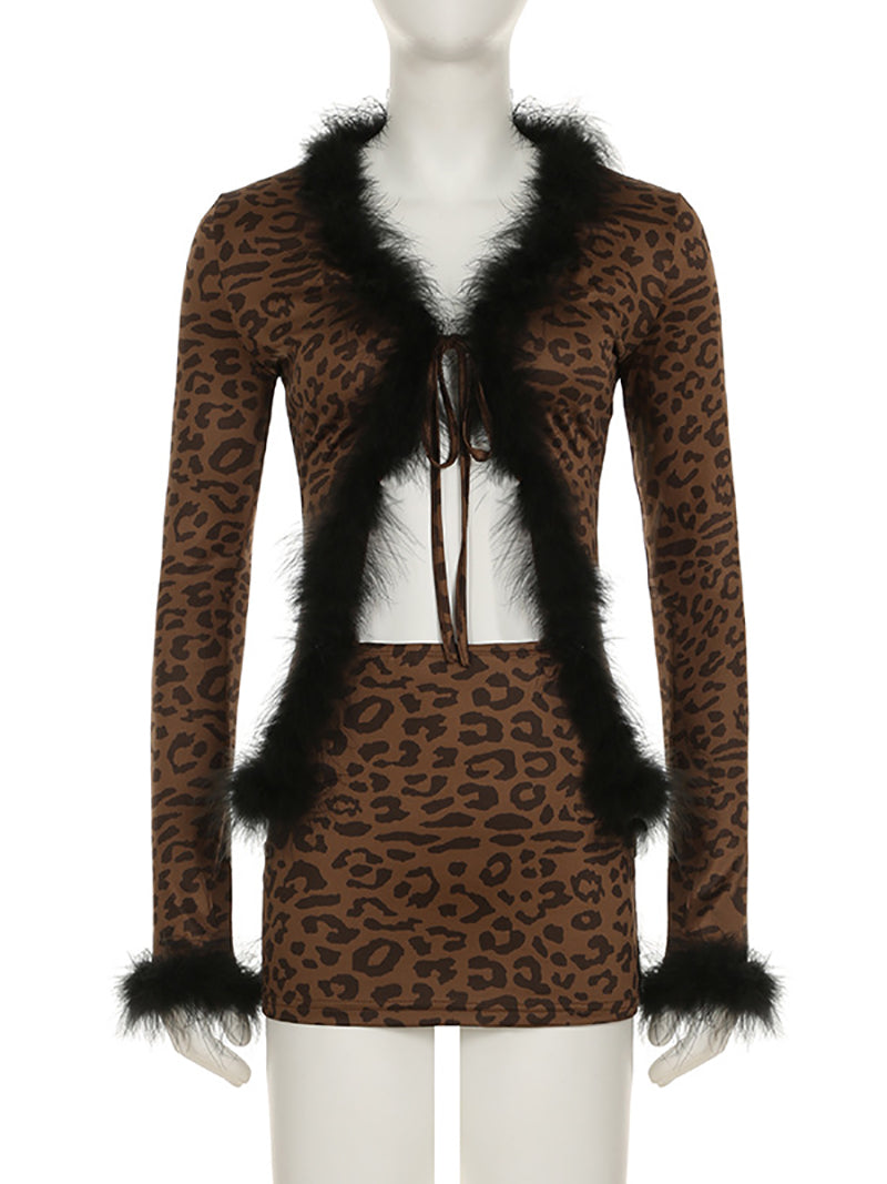 Sexy Fur Patchwork Leopard Print Cardigan Skirt Sets