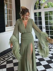 V Neck Feather Cuff Slit Maxi Dress-boutique