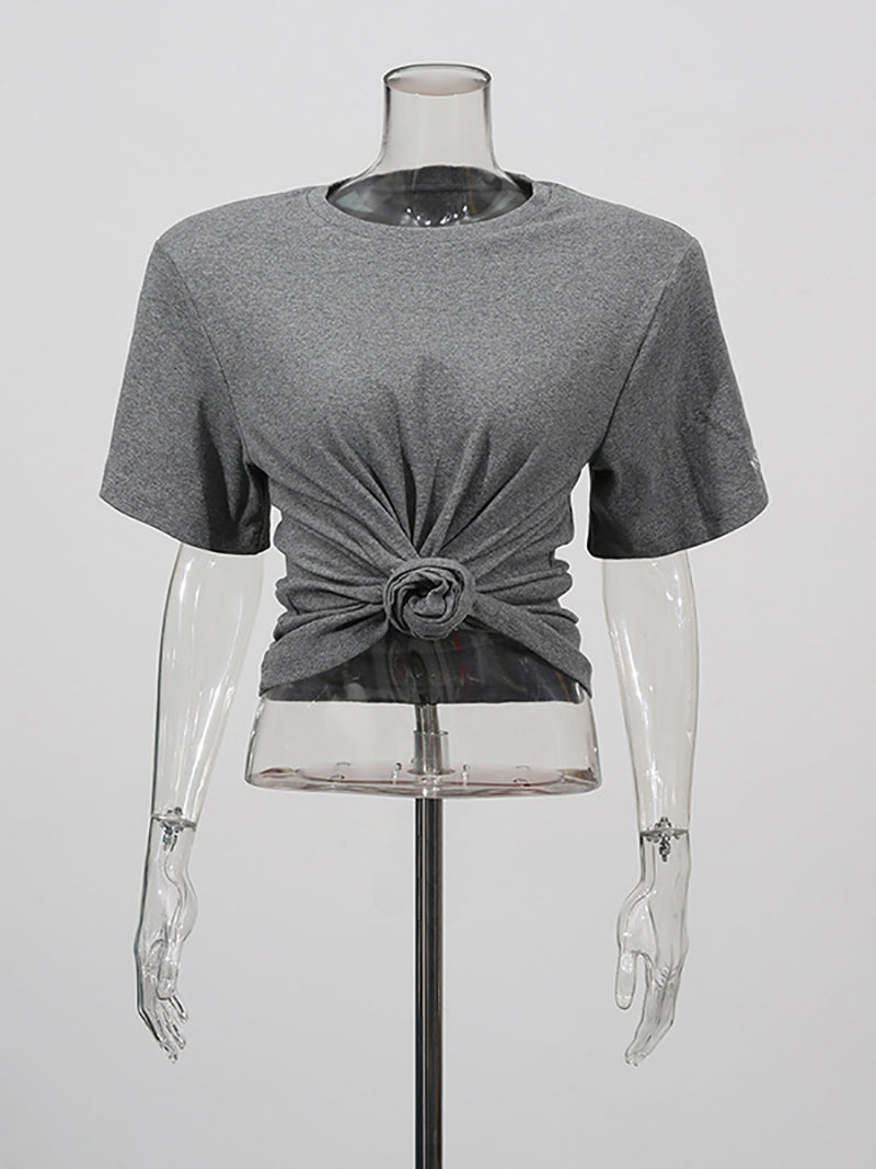 Casual Round Neck Ribbed Elastic Slim Cropped T-Shirt