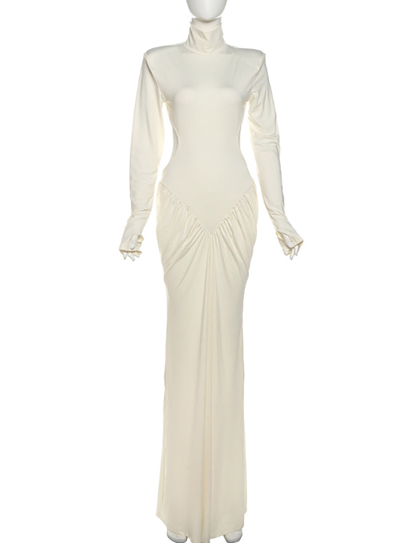 Elegant High Collar Cutout Ruched Maxi Dress