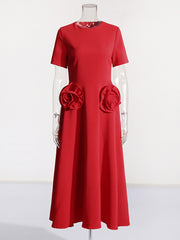 Elegant Floral Applique Short Sleeves Midi Dress