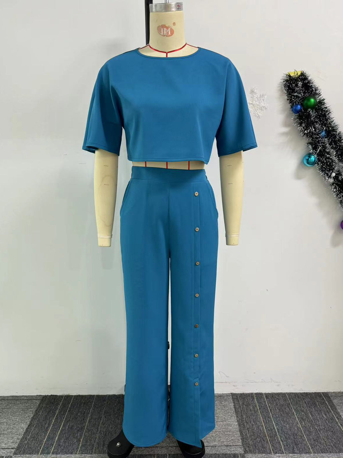 Plain Cropped Buckle Wide Leg Pant Sets