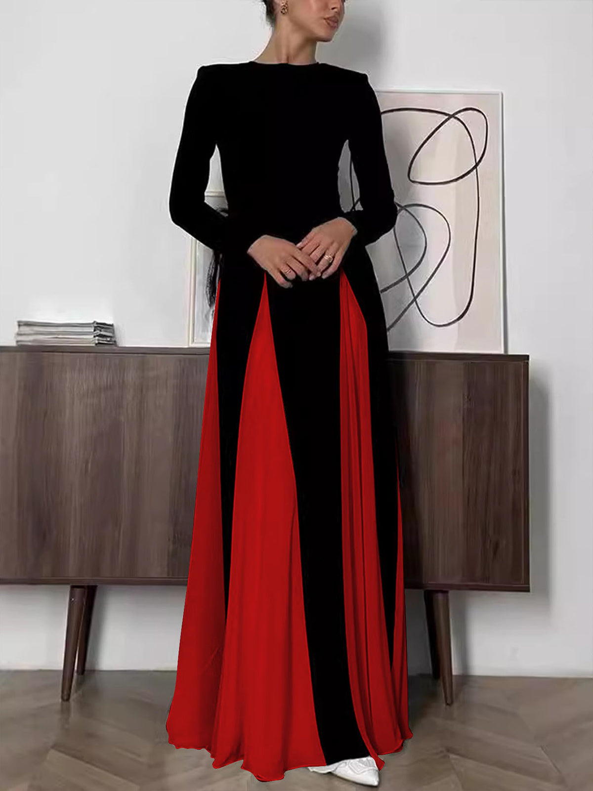 Elegant Contrast Color Round Neck Slim Dress