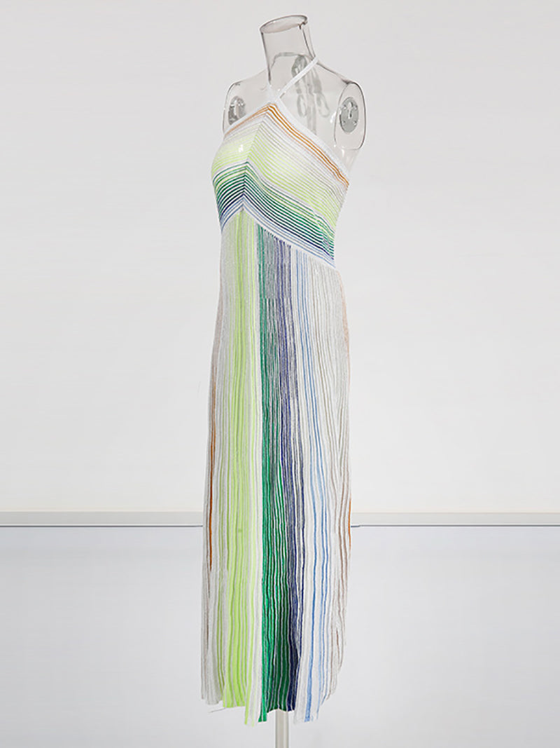 Fashion Sexy Metallic Knit Halterneck Maxi Dress