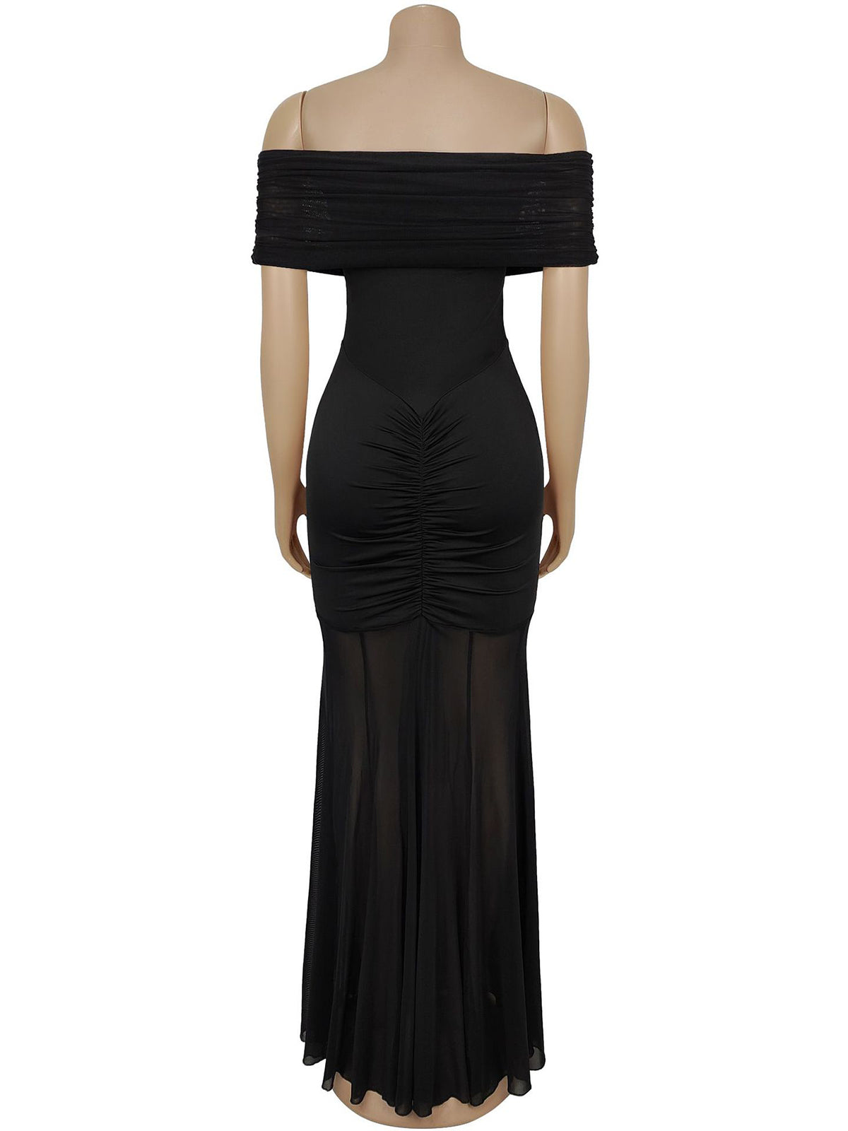 Off Shoulder Mesh Spliced Ruched Bodycon Maxi Dress