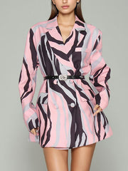 Fashion Pink Abstract Prints Belted Blazer