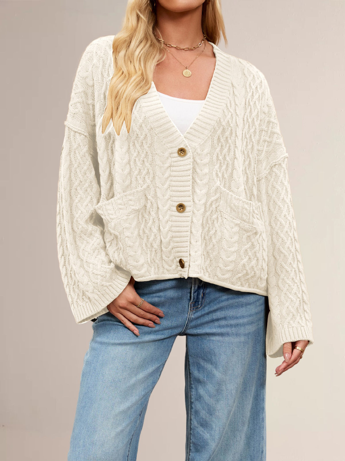 Casual Textured Cable Knit Button Up Cardigan