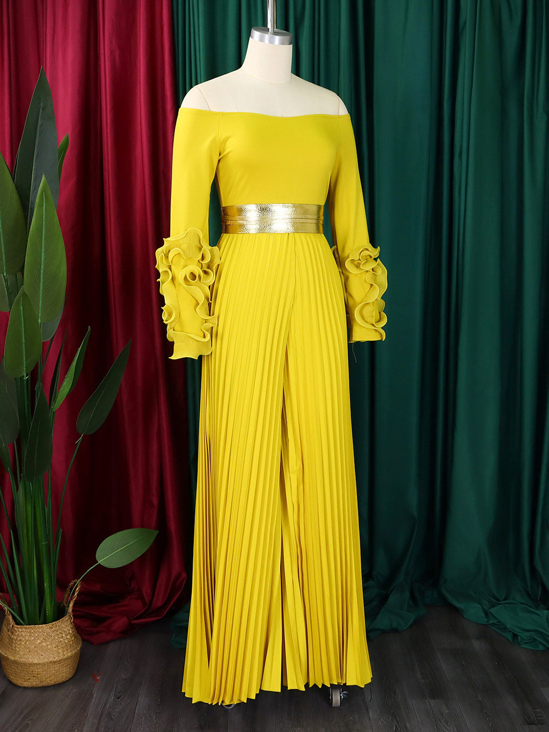 Fashion Off Shoulder Ruffles Sleeve Wide Leg Jumpsuit