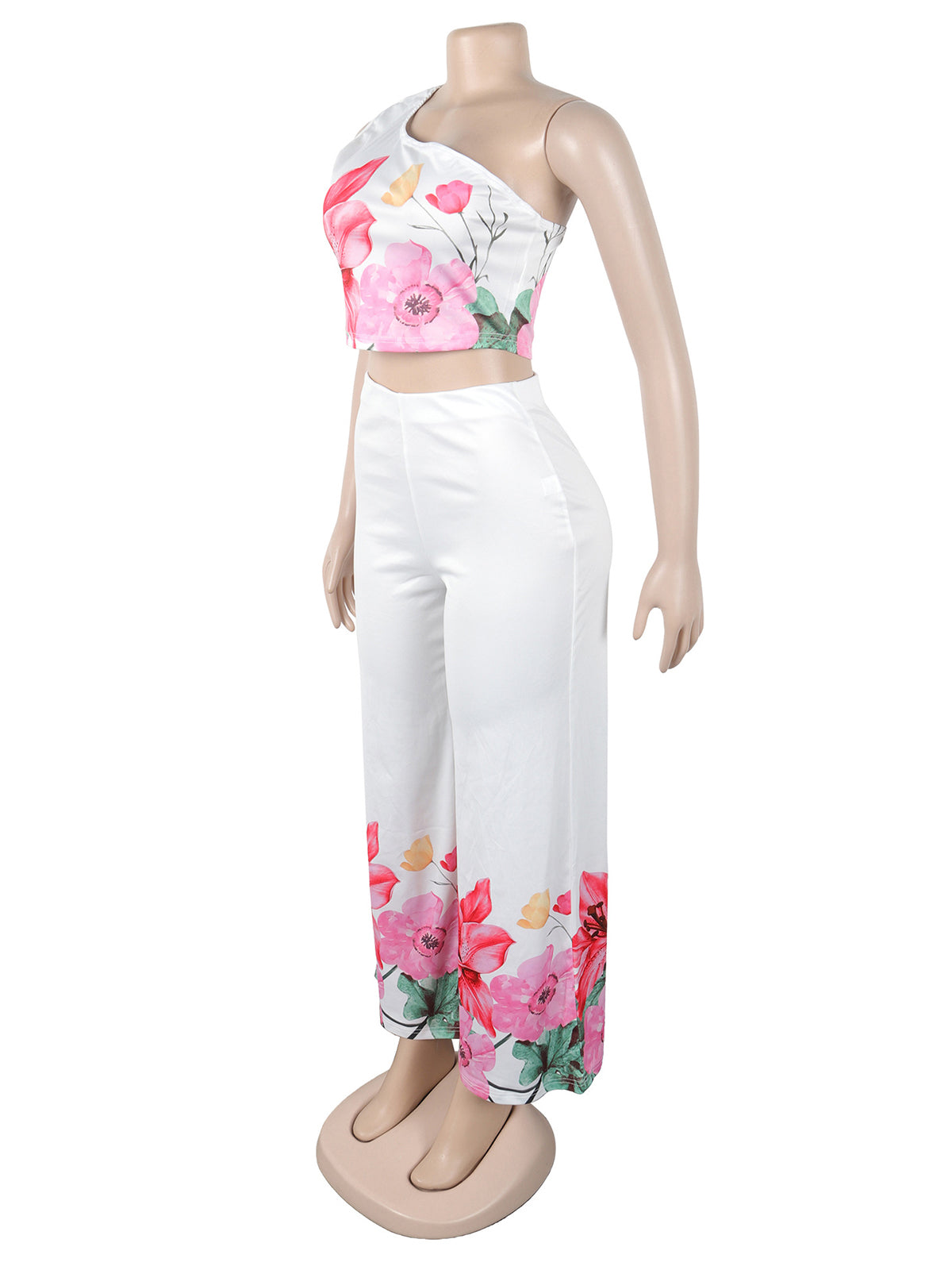 Elegant Sloping Shoulder Floral Print Pants Sets