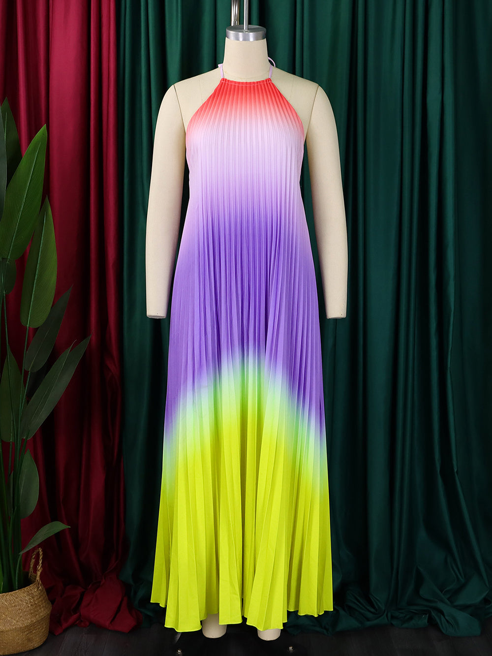 Sexy Gradient Color Halter Pleated Loose Dress