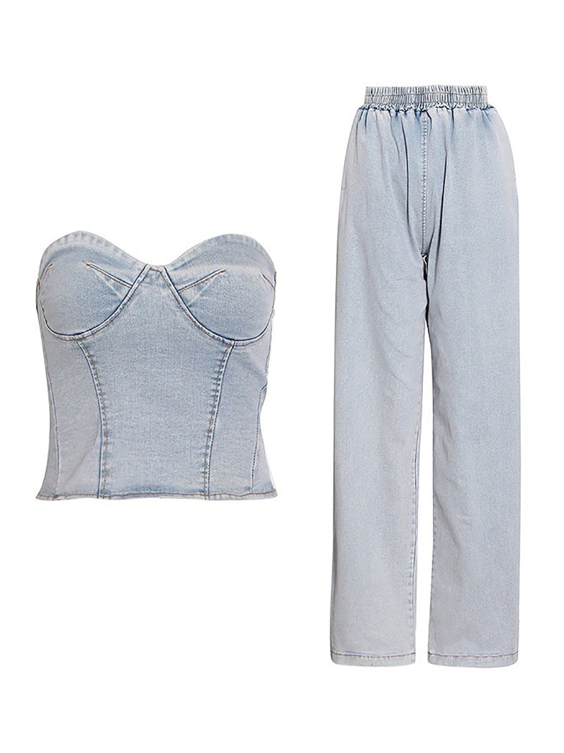 Casual Strapless Denim Top And Pants Two Piece Set