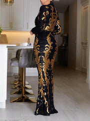 Elegant Stand Collar Sequin Maxi Evening Gown