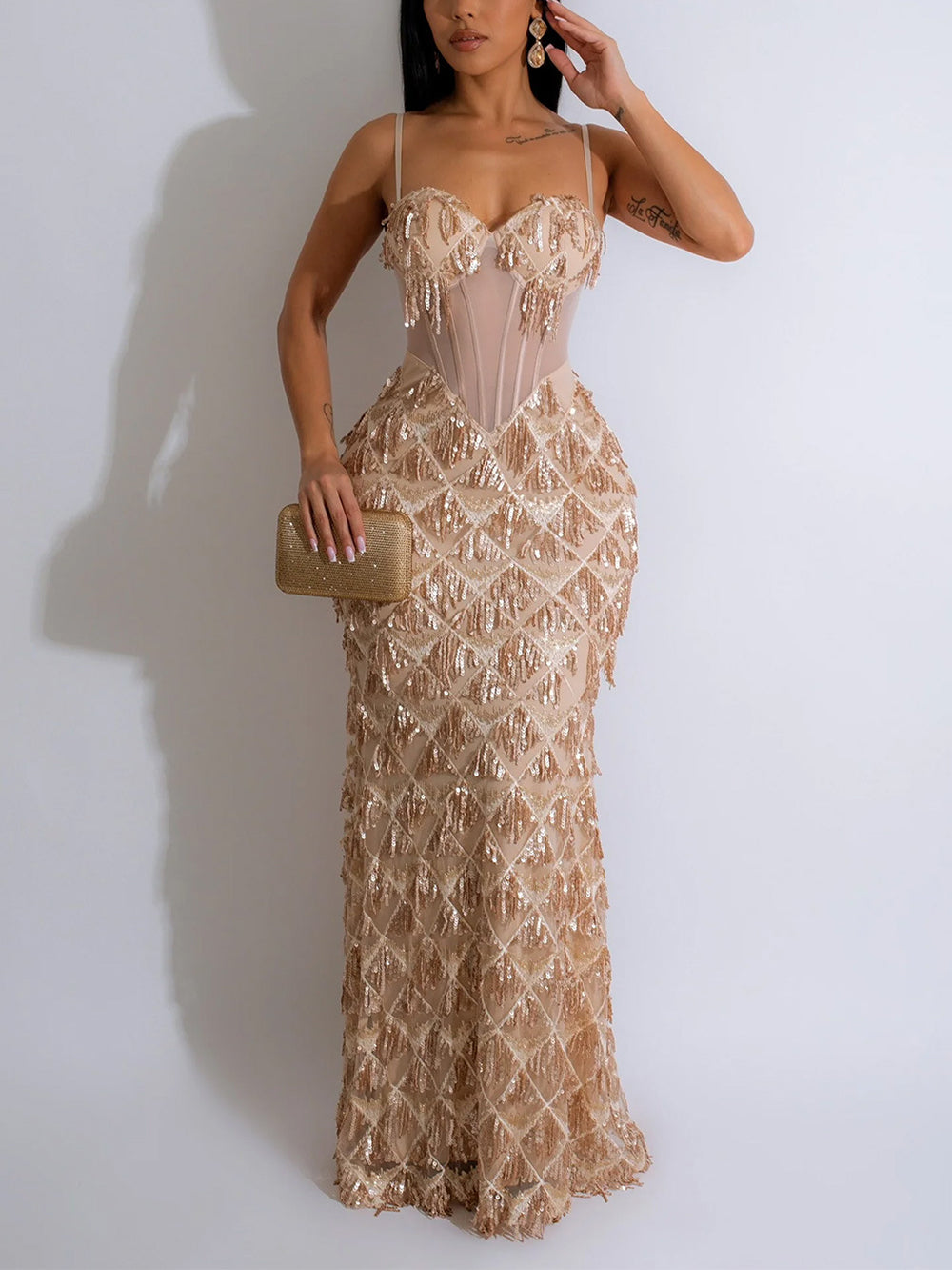 Sexy Sequin Sheer Mesh Spaghetti strap Party Long Dress