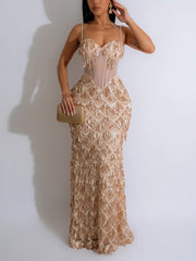 Sexy Sequin Sheer Mesh Spaghetti strap Party Long Dress