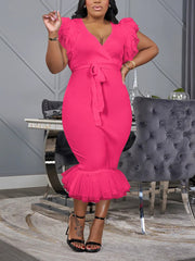 Elegant V Neck Lace-up Mesh Patchwork Midi Dress