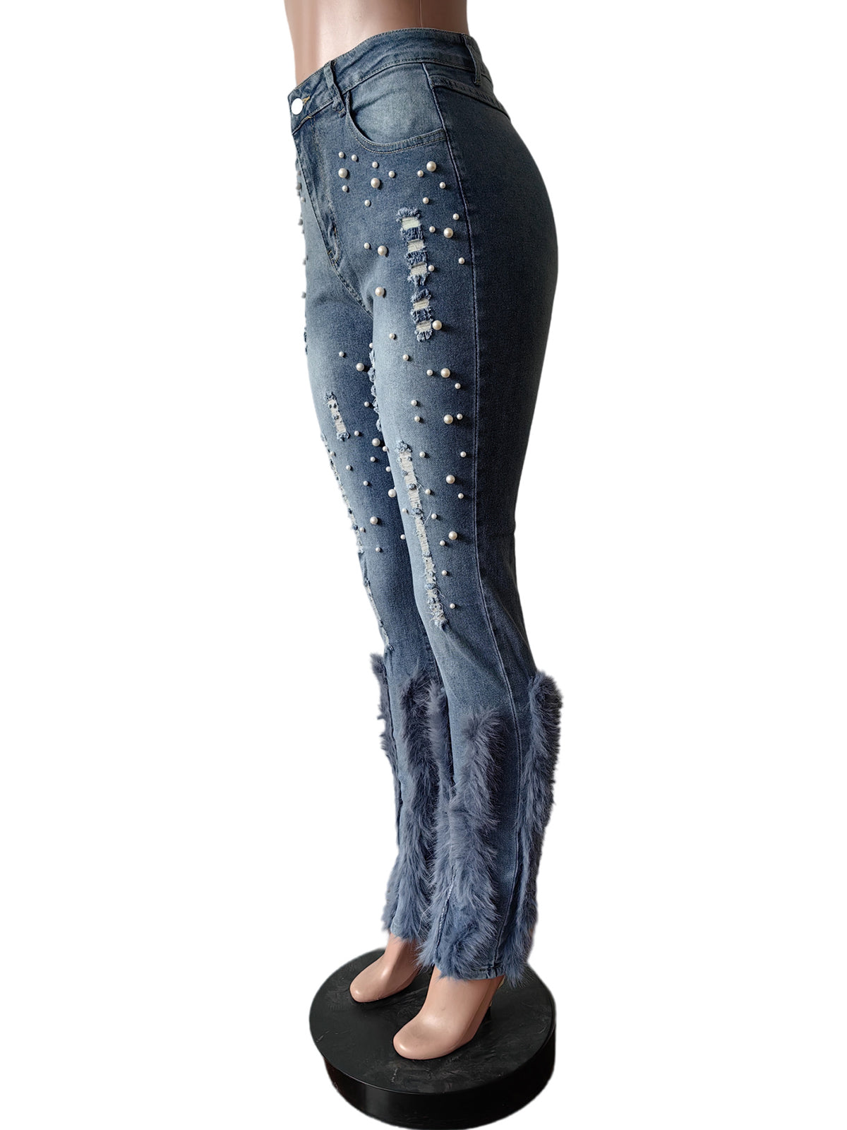 High Waist Slim Fit Feather Denim Ripped Jeans