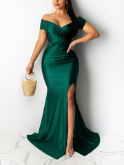 Elegant Off Shoulder Ruched Split Evening Dress