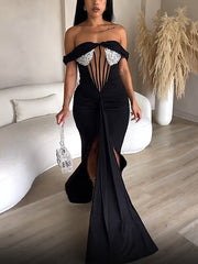 Off Shoulder Sequin Mesh Bodycon Slit Dress