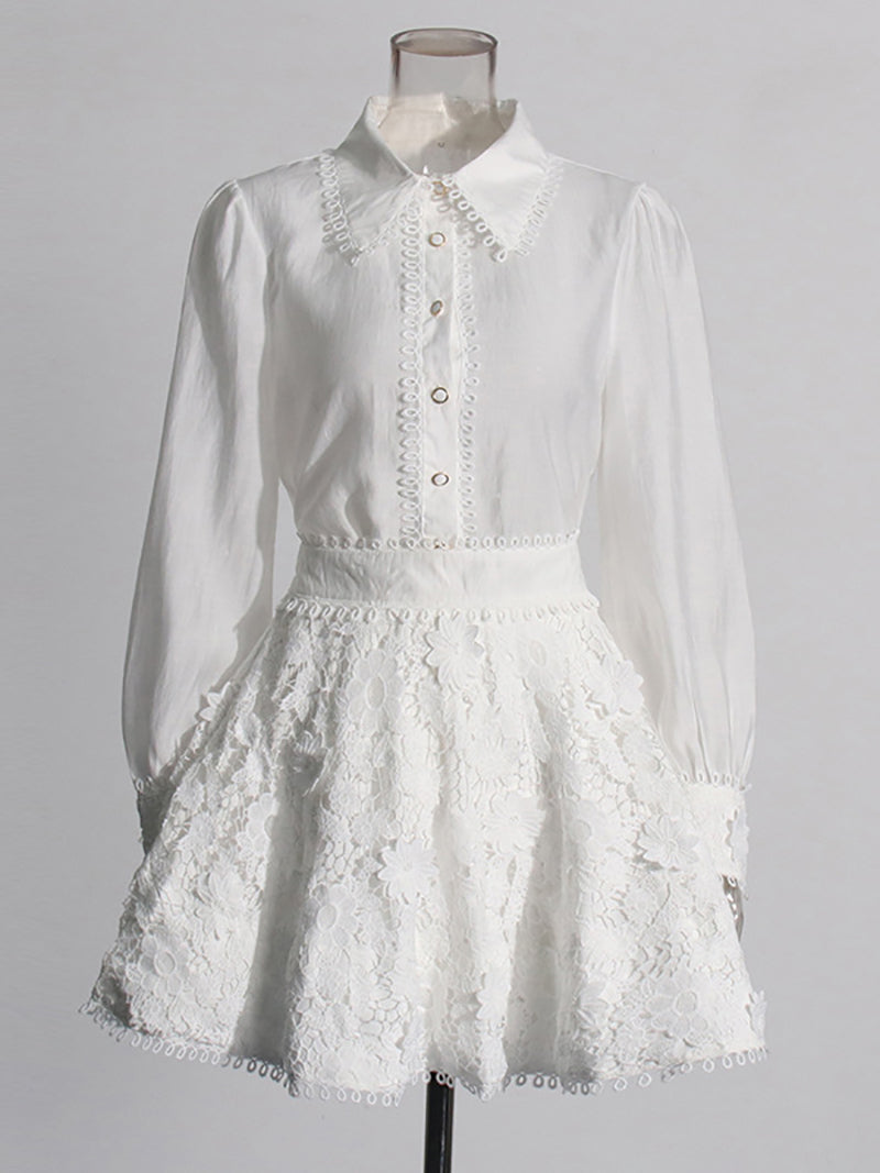 Fashion Lace Trim Collar Button A-Line Skirt Sets