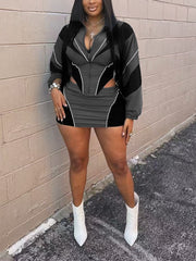 Sexy Hollow Out Zipper Patchwork Top Mini Skirt Sets