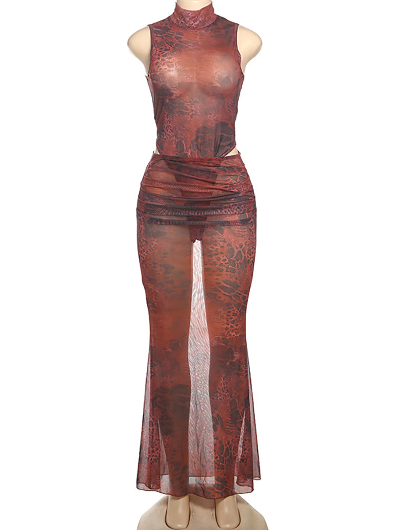 Sexy Print Sleeveless Bodysuit Long Skirt  Set