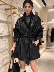 Belted High Collar Leather Look Coat-boutique
