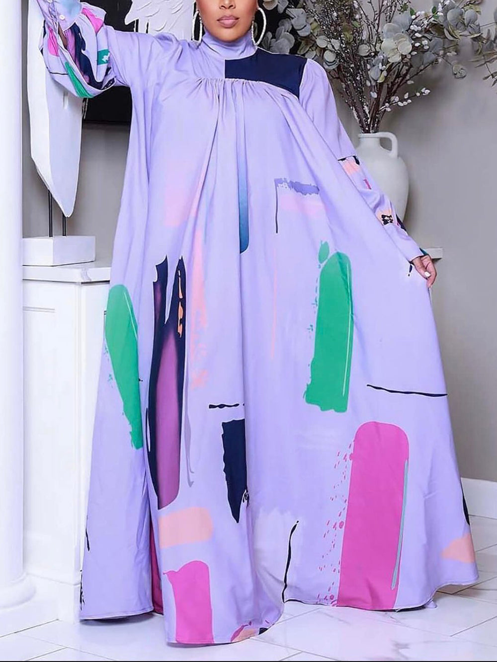Elegant Print Puff Sleeves Casual Maxi Dress