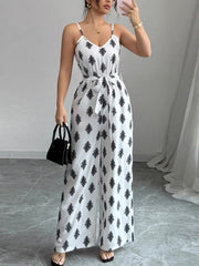 Lace-Up Print Spaghetti Strap Wide Leg Jumpsuit