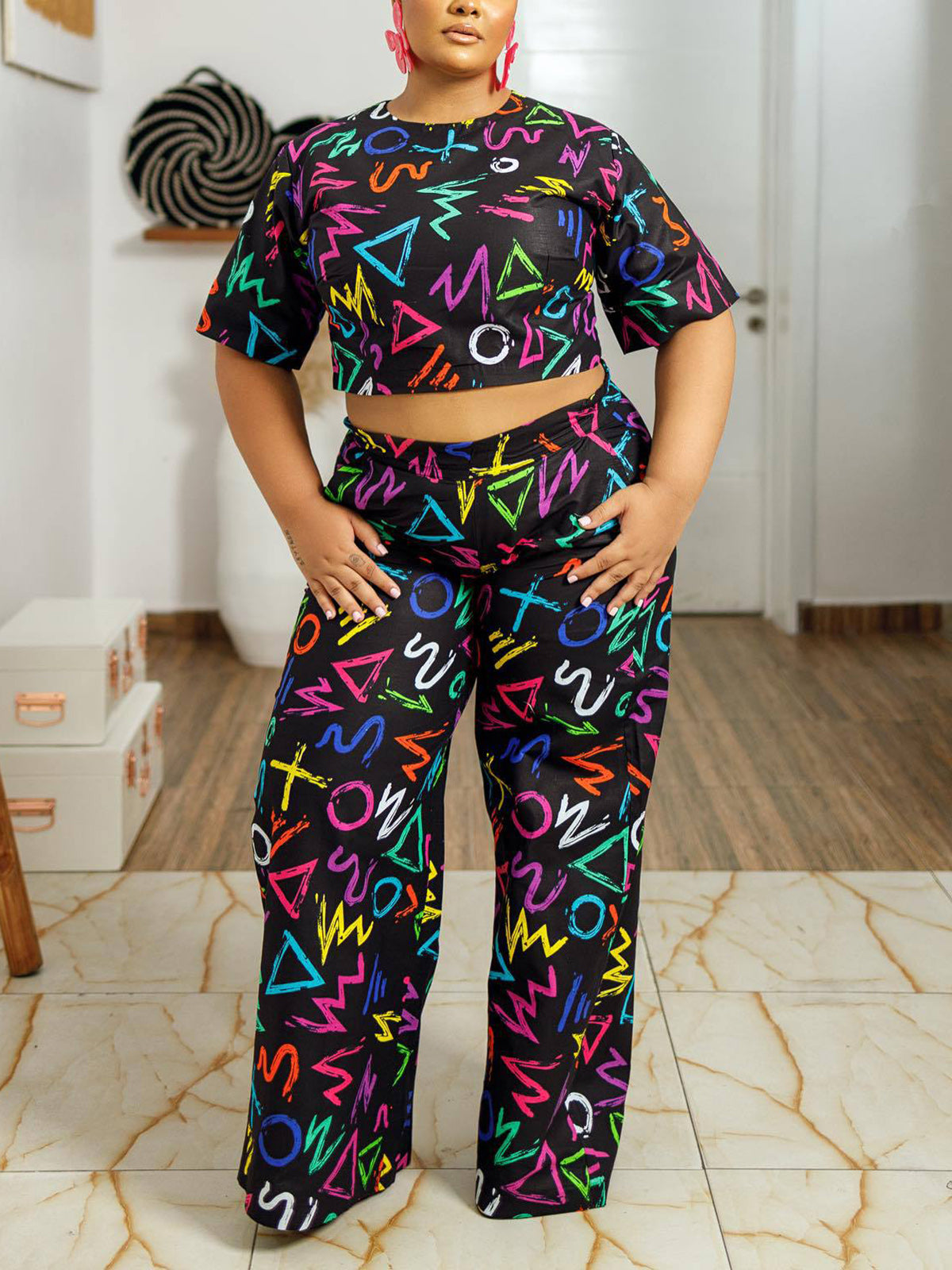 Fashion Print T Shirt Straight Pants Set